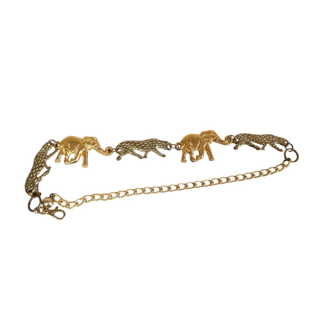 Vintage Gold Tone Safari Animal Chain Belt Elephant Leopard Statement Belt